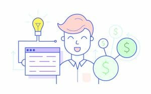An illustration of a man holding a paper and a light bulb, aiming to re-engage inactive customers.