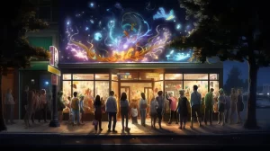 A crowd gathers outside a well-lit storefront at night, admiring a dynamic, glowing mural with birds and abstract shapes above the entrance. Trees frame the scene on both sides, showcasing an effective marketing strategy that captivates passersby.