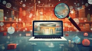 Digital artwork depicting a laptop with images of classical architecture on screen, surrounded by floating geometric shapes and a magnifying glass focusing on Search Engine Marketing for Lawyers.