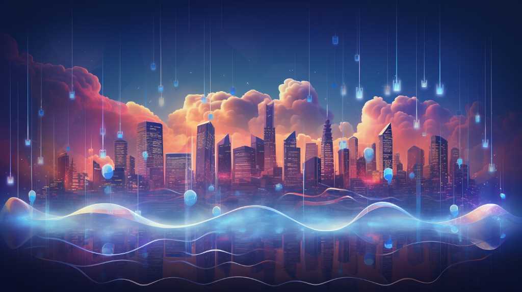 A futuristic cityscape with waves in the background.