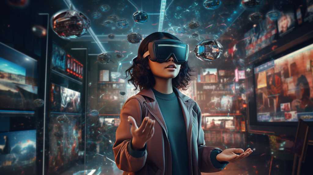 A woman wearing a vr headset in a futuristic setting.