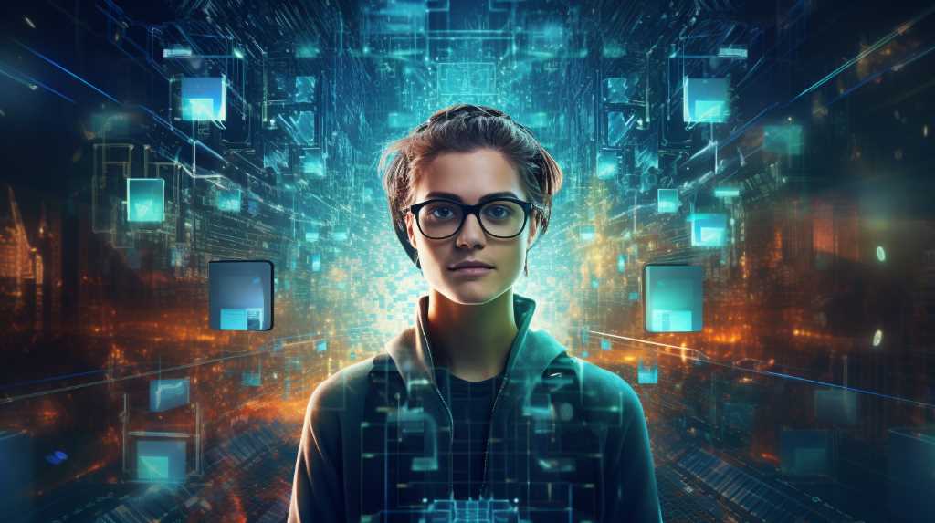 A woman in glasses is standing in front of a computer screen.