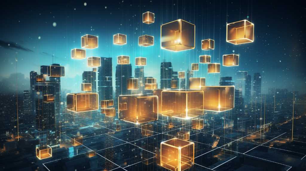 Cubes flying in the sky over a city.