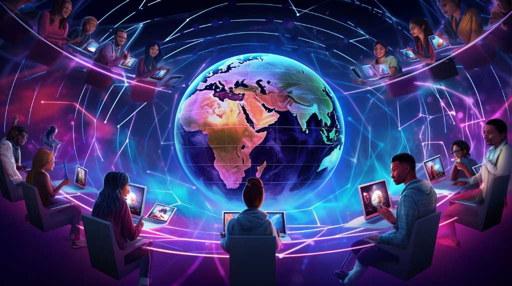 A group of people sitting around a globe with laptops.