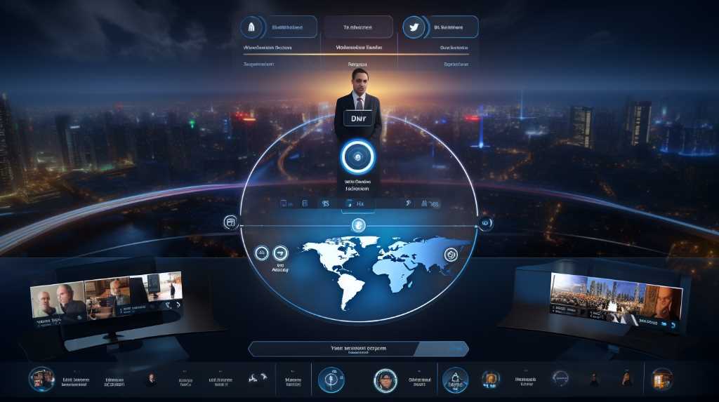 A blue screen with a man in a suit and a world map.