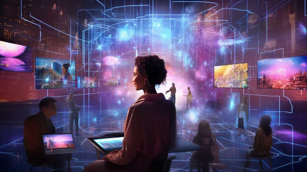 A woman is sitting in front of a computer screen in a futuristic space.