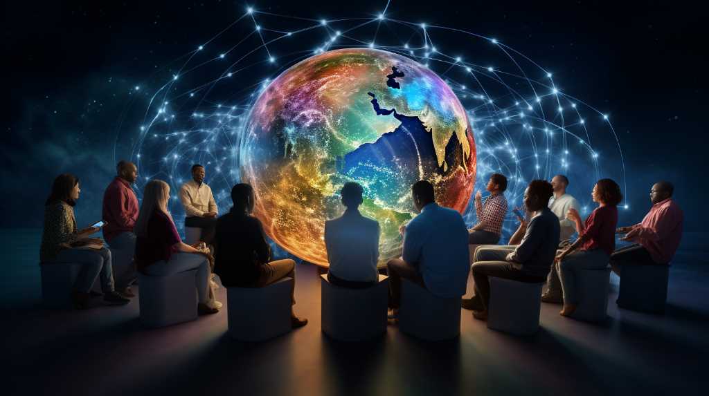 A group of people sitting around a globe.