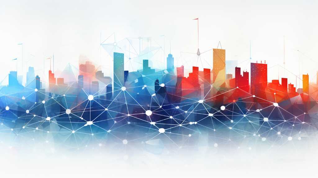 A cityscape with a network of lines and dots.