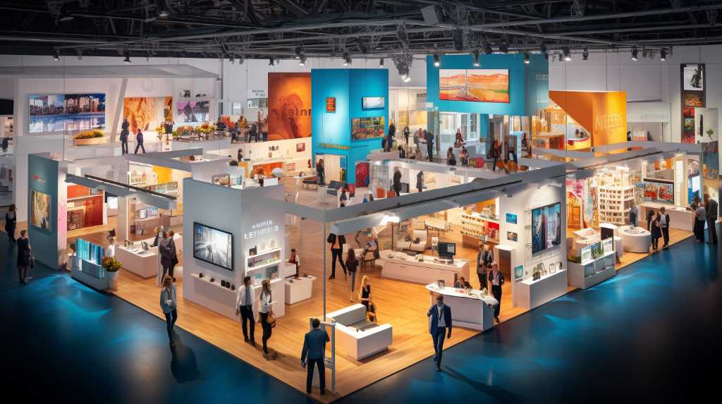 A large exhibition hall with people walking around.