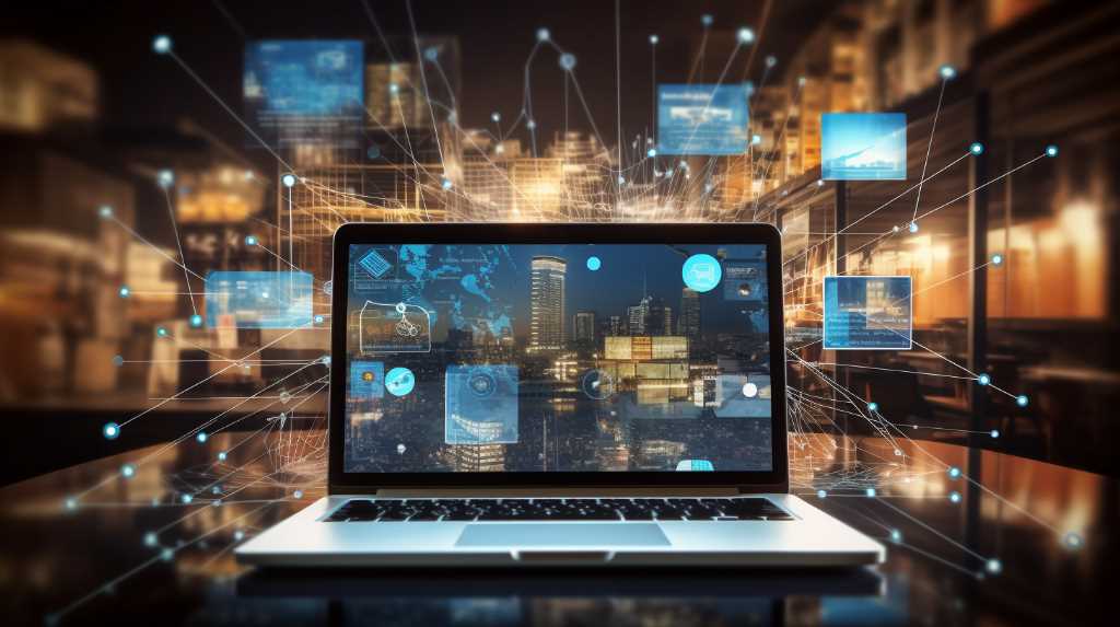 A laptop computer with a city scene on it.
