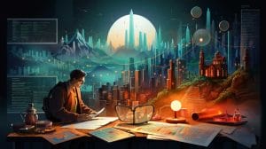 A man studies architectural plans with analytics and reporting capabilities at a desk with futuristic city and mountain holograms in the background.