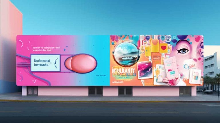 A street view of a large billboard featuring colorful advertising displays for various brands and products, including text and images of merchandise. The left side includes a visual of a pill capsule, while the right side humorously showcases fake Google reviews about the product's miraculous effects.