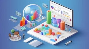 A digital illustration showing various charts and graphs on a computer screen and paper, depicting data analysis for a Google Business Page. A magnifying glass, 3D charts, and a tiny figure are also present, symbolizing data examination.