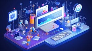 Illustration of a vibrant, highly detailed digital workspace with figures analyzing Facebook Marketing Tactics and interacting with various futuristic tech elements and interfaces.
