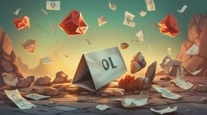 Illustration of a chaotic scene with papers and red geometric shapes flying around a dice showing '10' on a cracked surface, under a hazy sky, representing the most common marketing strategy.
