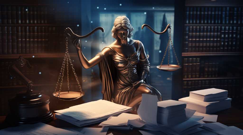 A statue of a lady holding scales in front of a library.
