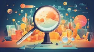Colorful illustration depicting a magnifying glass focusing on a map-like globe, surrounded by books, graphs, and the best search engine optimization techniques, set against a cosmic backdrop.