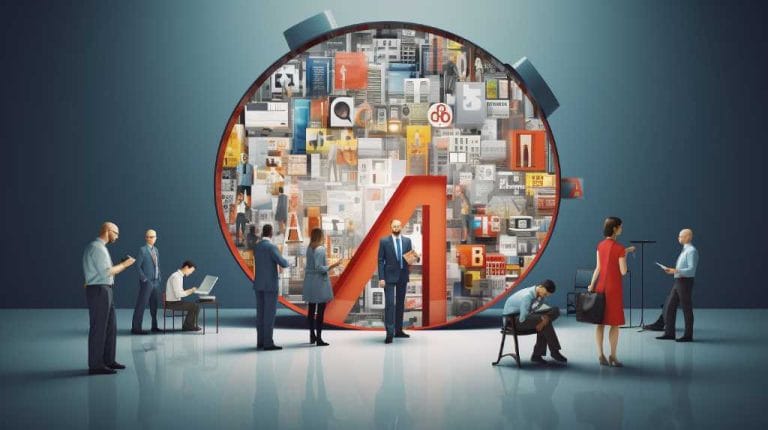 A group of people in business attire interact around a large, circular collage filled with various documents, images, and charts, highlighting a central red upward arrow symbol, likely discussing strategies for their Google Ads Manager Account.