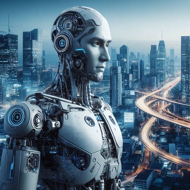 An AI robot standing in front of a city, showing its capabilities for local business marketing.