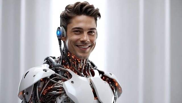 A man in a robot suit smiling, showcasing the potential of AI for local business marketing.