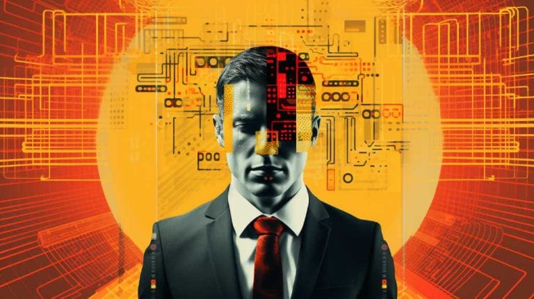 Man with digital circuit board pattern overlay on face representing the integration of AI marketing for small business.