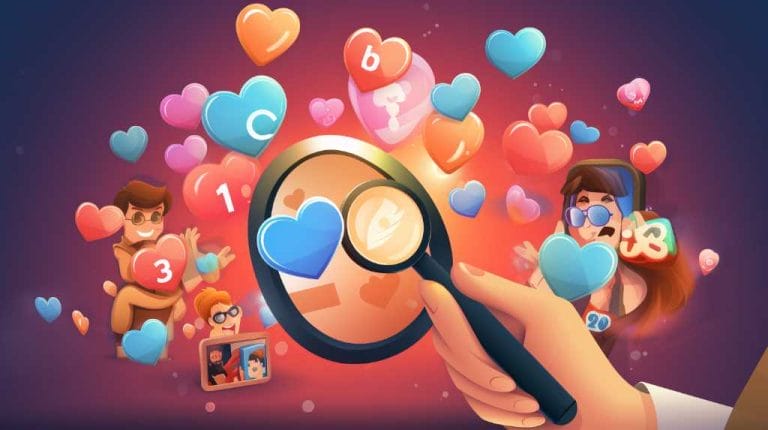 A hand holding a magnifying glass over a group of hearts, part of a Database Reactivation Campaign.