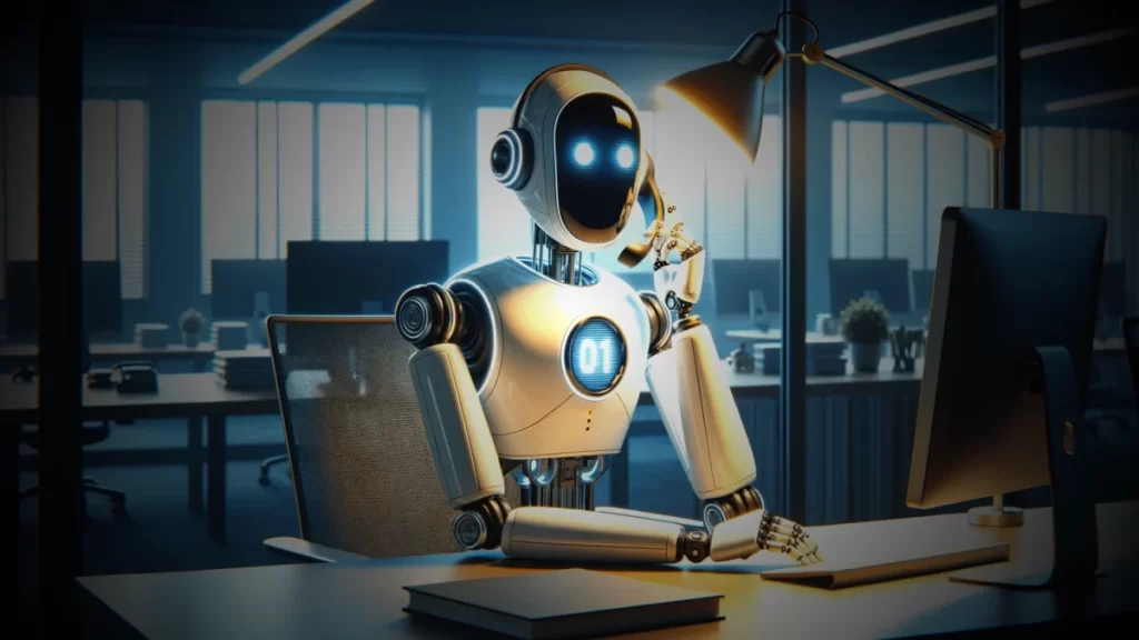 A robot sitting at a desk in an office/home environment.