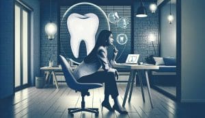 Woman sitting in an office with dental imagery and icons surrounding her, suggesting a focus on dentistry.