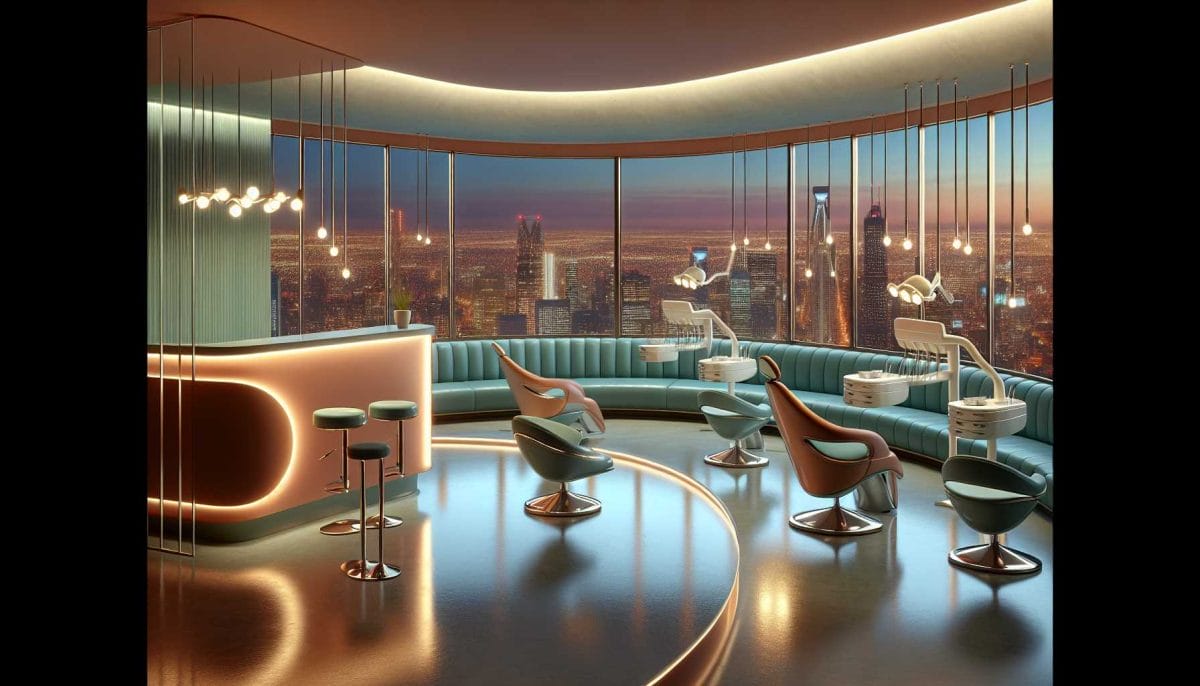 Sophisticated interior of a high-rise bar with panoramic city views at dusk.
