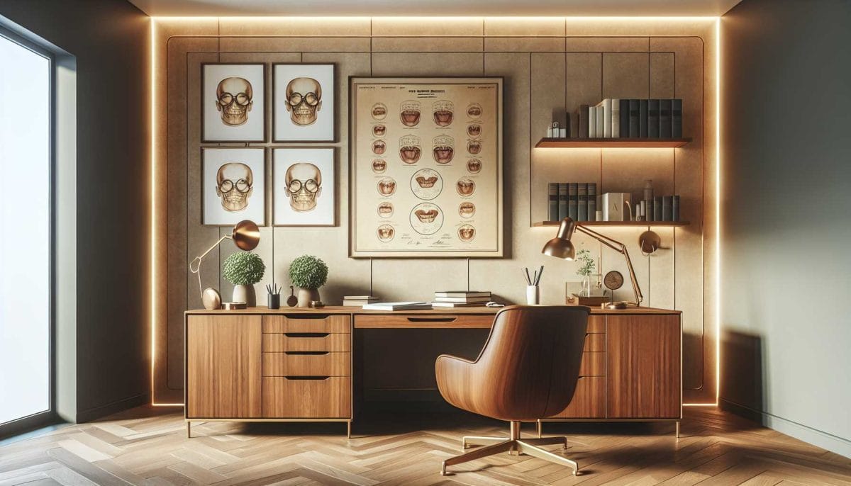 A modern home office with a wooden desk, leather chair, and wall-mounted anatomical illustrations.