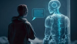 A person interacts with a holographic, transparent conversational AI voice assistant for dental practices.
