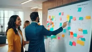 Two people collaborating in an office, using a whiteboard covered with colorful sticky notes. The man points at a note while the woman smiles, discussing their Google My Business strategy. Additional colleagues are in the background.
